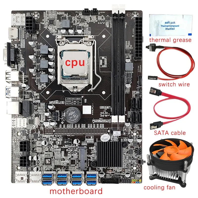 

B75 8 GPU Mining Motherboard+CPU+Fan+Thermal Grease+Switch Line+SATA Line 8 USB3.0 Slot LGA1155 DDR3 RAM SATA3.0 For BTC