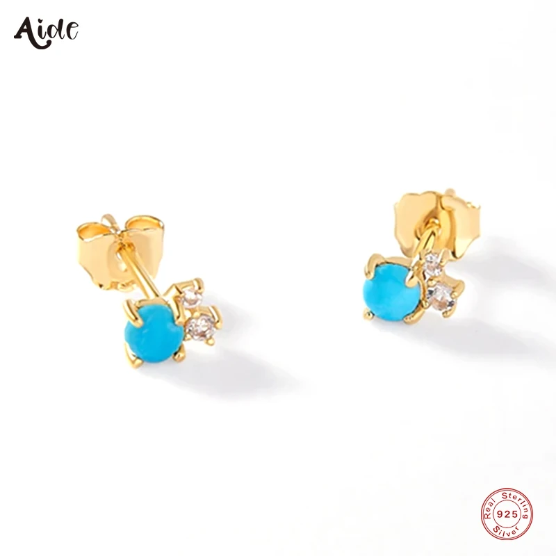 

Aide 925 Sterling Silver Round Turquoise Zircons Stud Earrings For Women Girls Gift Mini Versatile Piercing Studs Party Jewelry