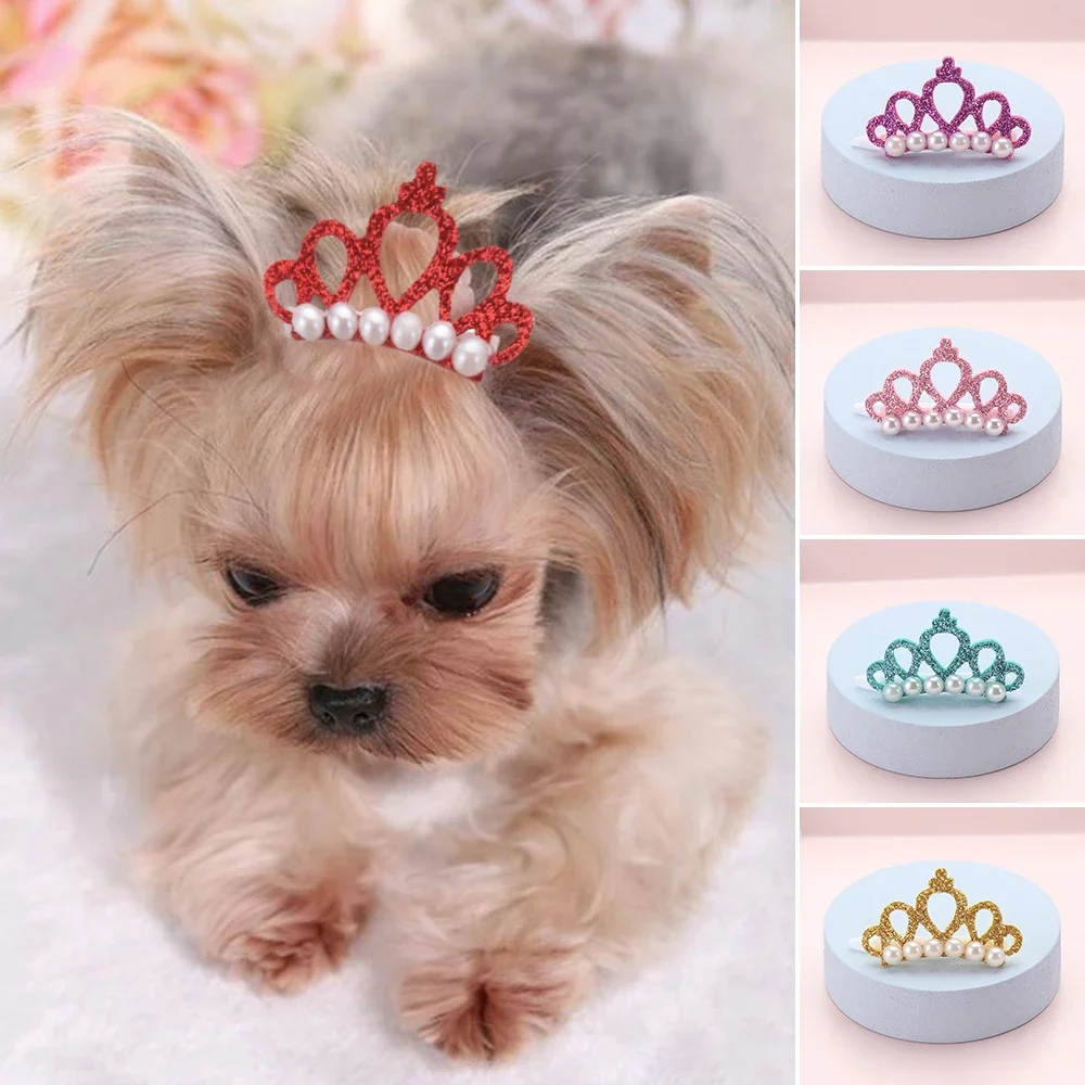 

Pet Small Dogs Cat Faux Pearl Crown Shape Bows Hair Clips Head Decoration For Pets Puppy Hairpins Decor Grooming Accessoires