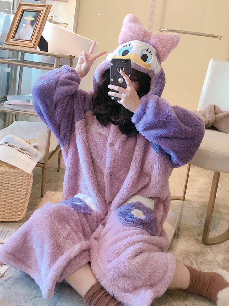 Unisex Winter Thin Nightgown Suit Length To Shank Polyester Warm Comfortable Carton Animal Leisure Wear With A Bowknot Headwear