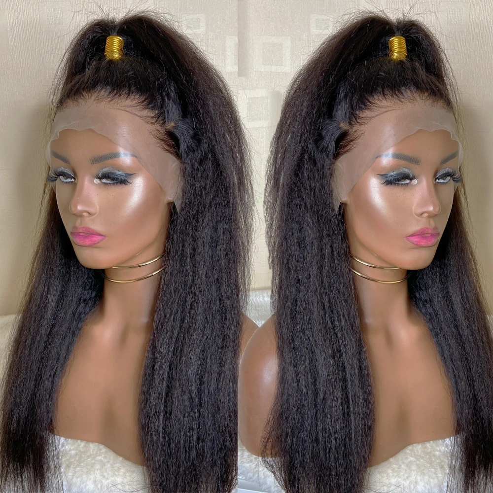 

Soft 180Density Middle Part 26Inch Long Yaki Kinky Straight Natural Black Lace Front Wig For Women With BabyHair Heat Resistant