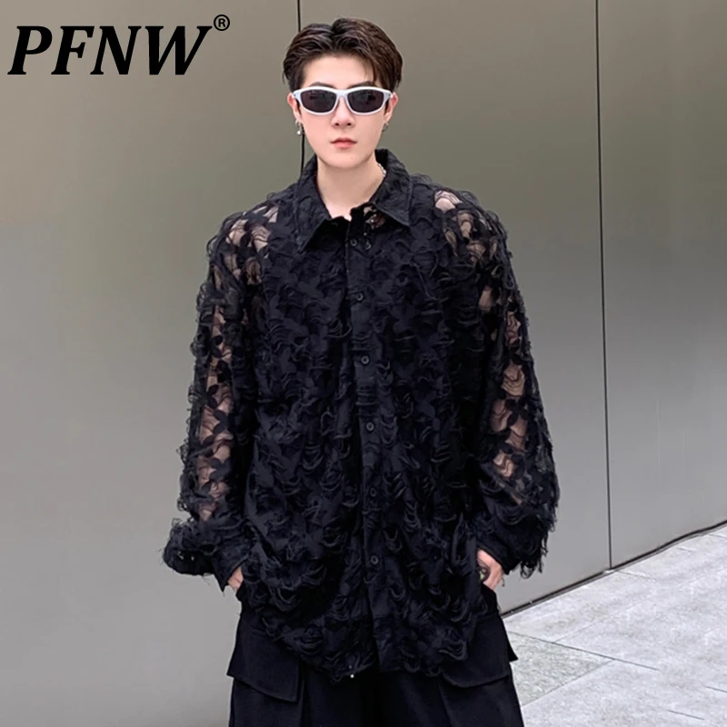 

PFNW Summer New Men's Thin Loose Niche Handsome Shirts Korean Trend Jacquard Darkwear Solid Color Hole Personality Tops 28A3253