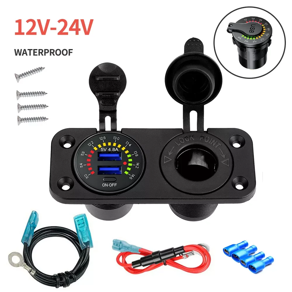

12V 4.8A Dual USB Car Fast Charger Socket Power Outlet Multi-Color LED Lights Voltmeter Waterproof Dust-proof Protect Circuit