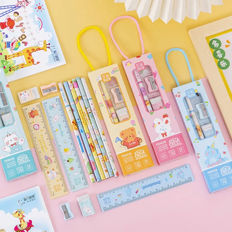 

Creative Portable Stationery Set Animal Sartoon Pencil Cute Ruler Children Pencil Sharpener Student Eraser School Supplies Gifts
