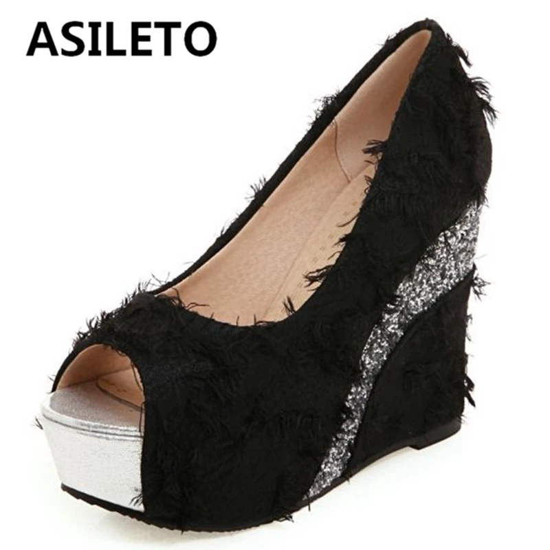 

ASILETO Woman Wedges Sandals White Green Purple Summer Peep Toe High Cover Heels Flock Slip-on Platform Large Size 33-43 S2858