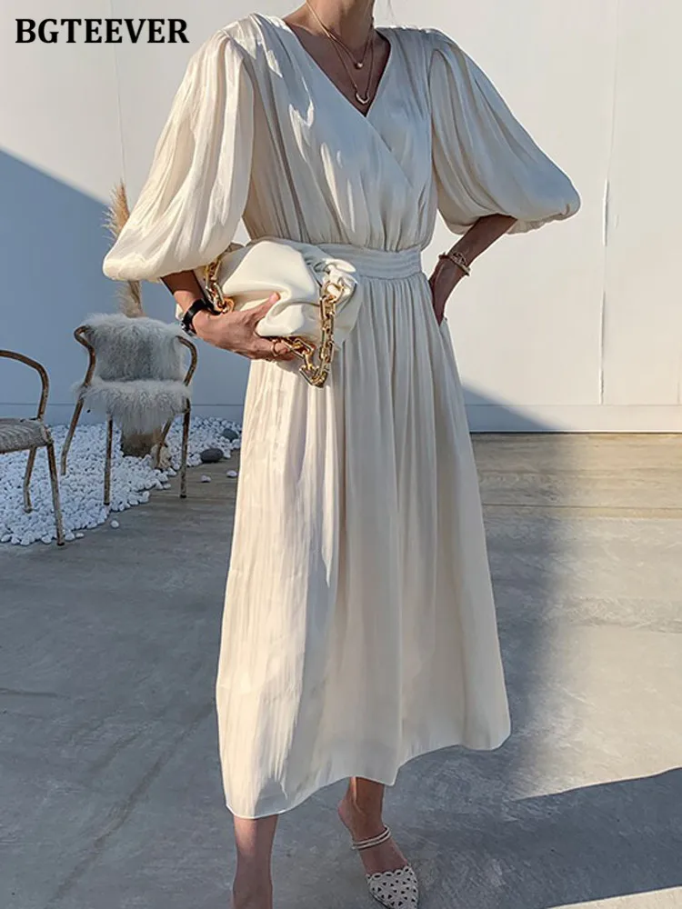 

Платье BGTEEVER женское ТРАПЕЦИЕВИДНОЕ с V-образным вырезом, шикарное платье с буффами и коротким рукавом, с эластичным поясом, весна-лето 2022