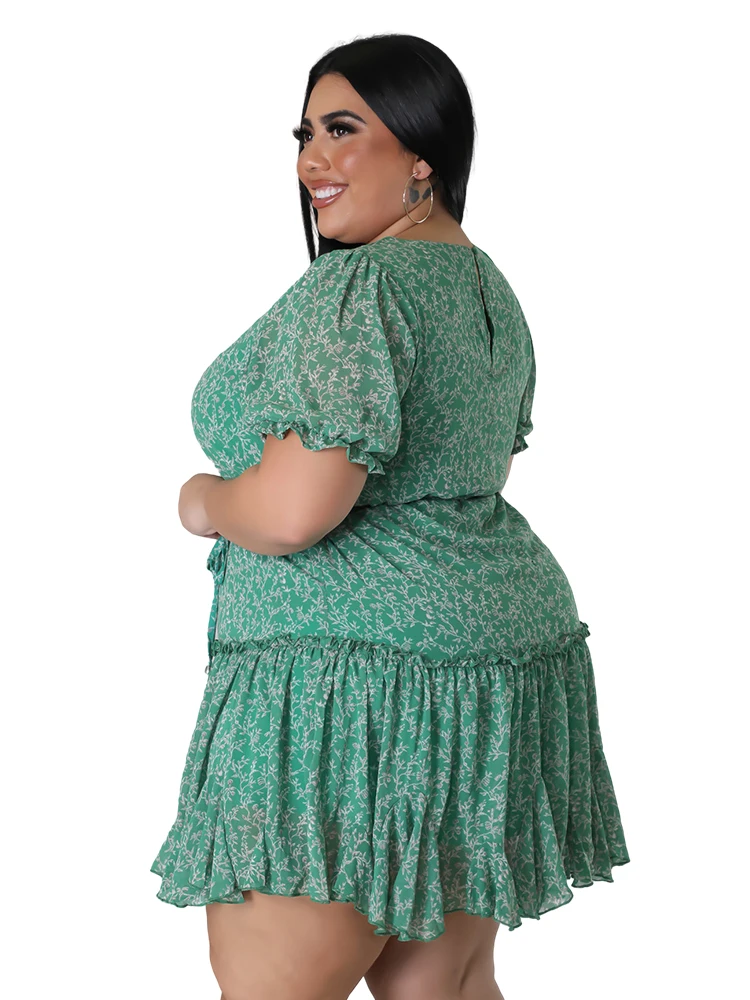 Elegant Floral Print Plus Size Women Dress Spring Summer Casual O Neck Short Sleeve Chiffon A Line  Dress Party Vestidos