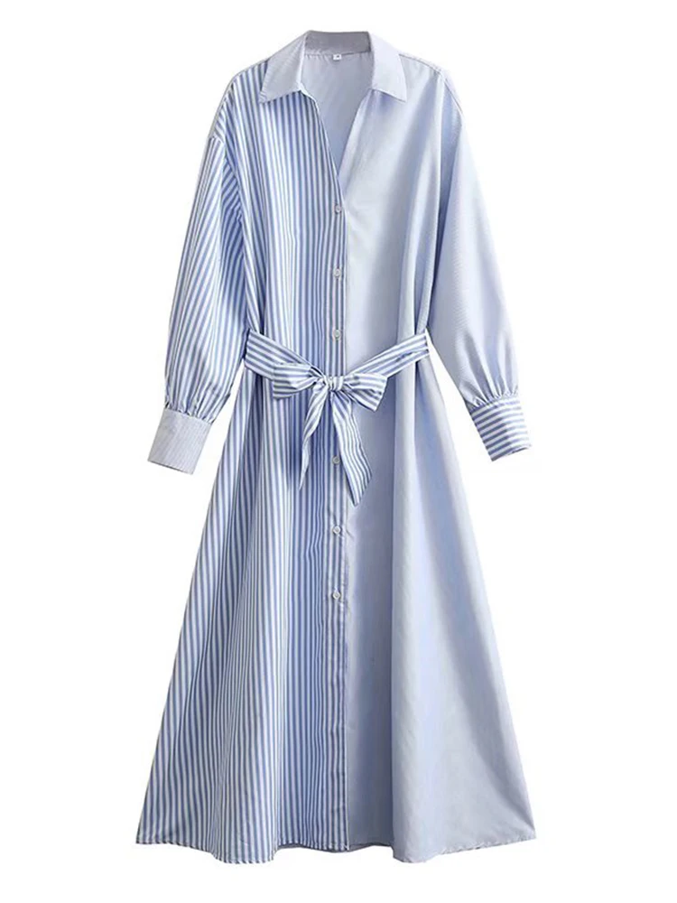 

2022 Fashion Women Vintage Patchwork Striped Shirt Dress Lapel Collar Female Casual Loose Long Dress Summer Vestido