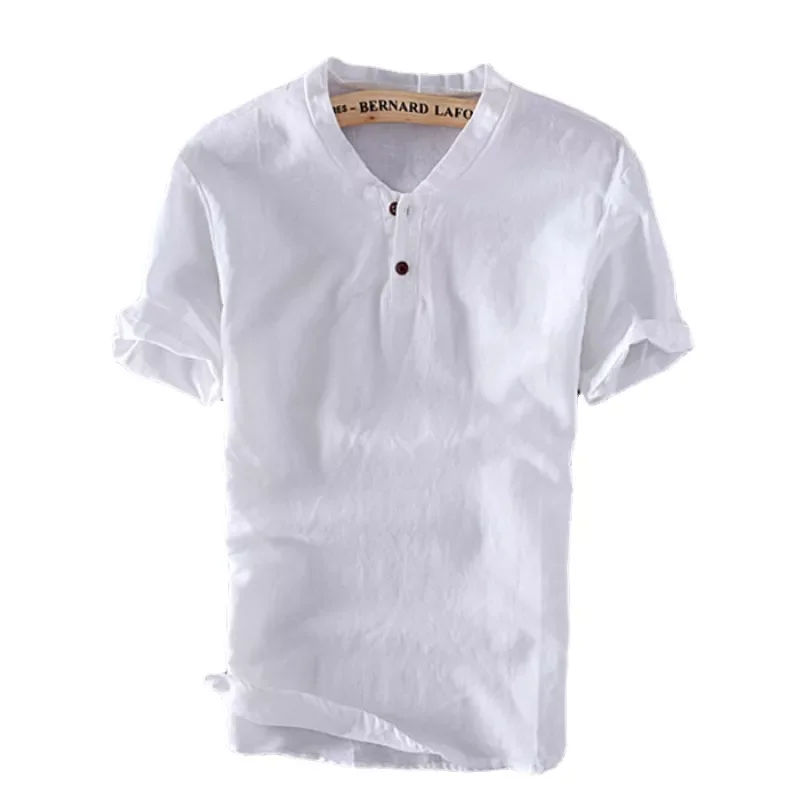 

NEW IN New Men T-Shirt Retro Linen Cotton Casual Simple Handsome T Shirts Thin Breathable Stand Collar Short Sleeve Male Tees