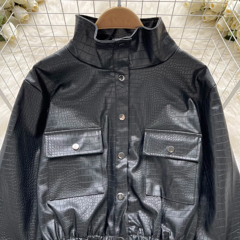 Women Crocodile Pattern Faux Leather Jacket Coat Casual PU Loose Motorcycle Jackets Female Streetwear Oversized Coat Korean Chic