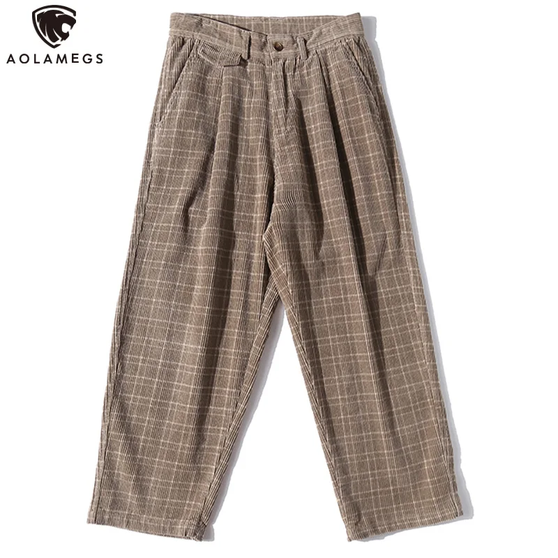 

Aolamegs Pants Men Corduroy Cotton Vintage Plaid Print Casual Loose Straight Trousers Simple All-match Fashion Streetwear Unisex