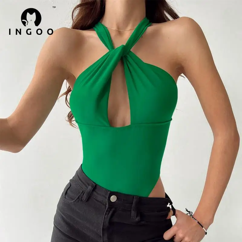 

INGOO Off The Shoulder Sexy Cutout Skinny Bodysuit Sleeveless Women Tight Short Romper Summer Cross Backless Body Top Streetwear