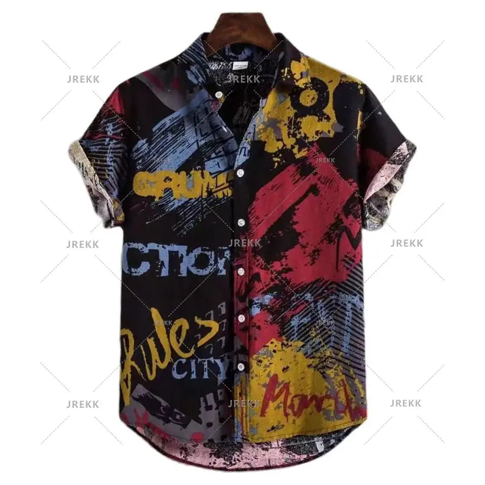 

2023 Hawaiian Men's Short Sleeve Shirts Printed Button Tops Ethnic Style Shirt for Men Casual Beach Oversized Vintage Shirts Top