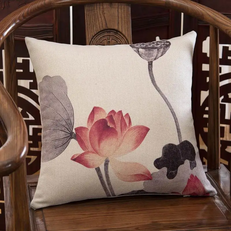 

Lotus Pillowcase Chinese Brush Painting Traditional Flower Pattern Home Decor Sofa Simple Car Waist Cushion Covers 2022 Hot Sale