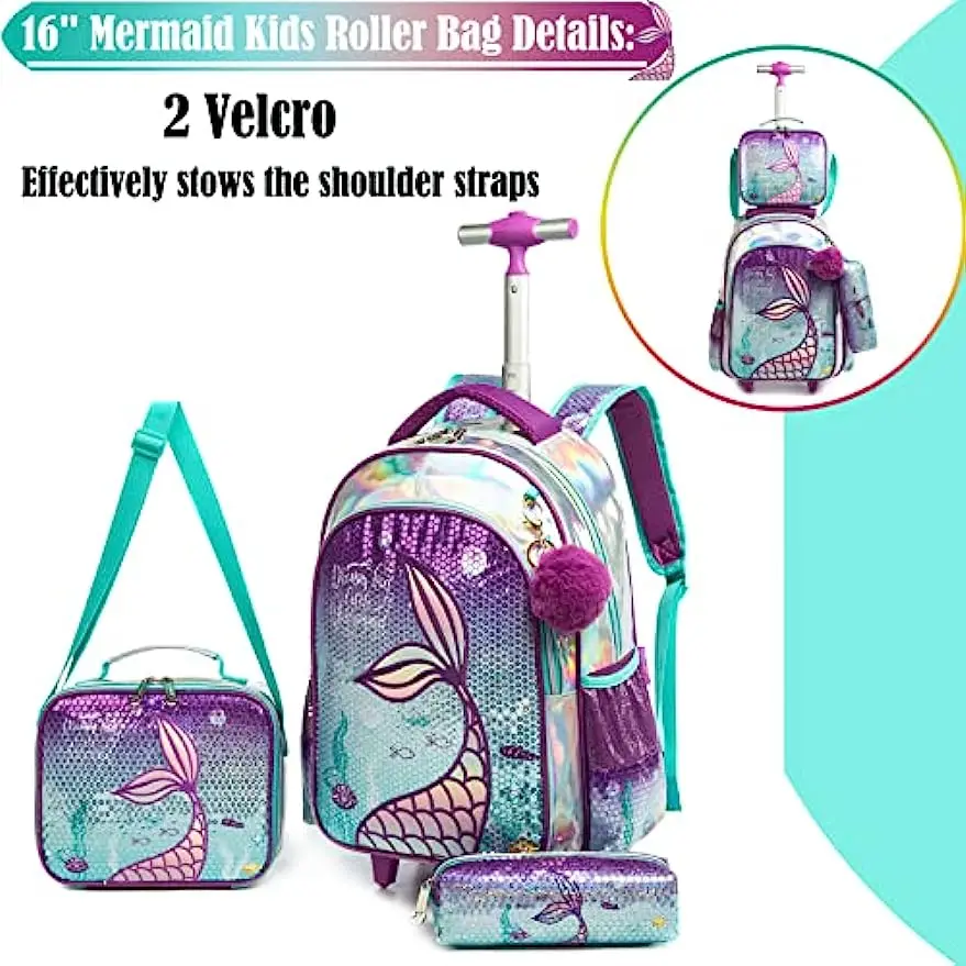 BIKAB Mermaid Rolling Backpack for Gilrs Backpacks with Wheels for Elementary School Bag Trolley Trips Luggage with Lunch Box