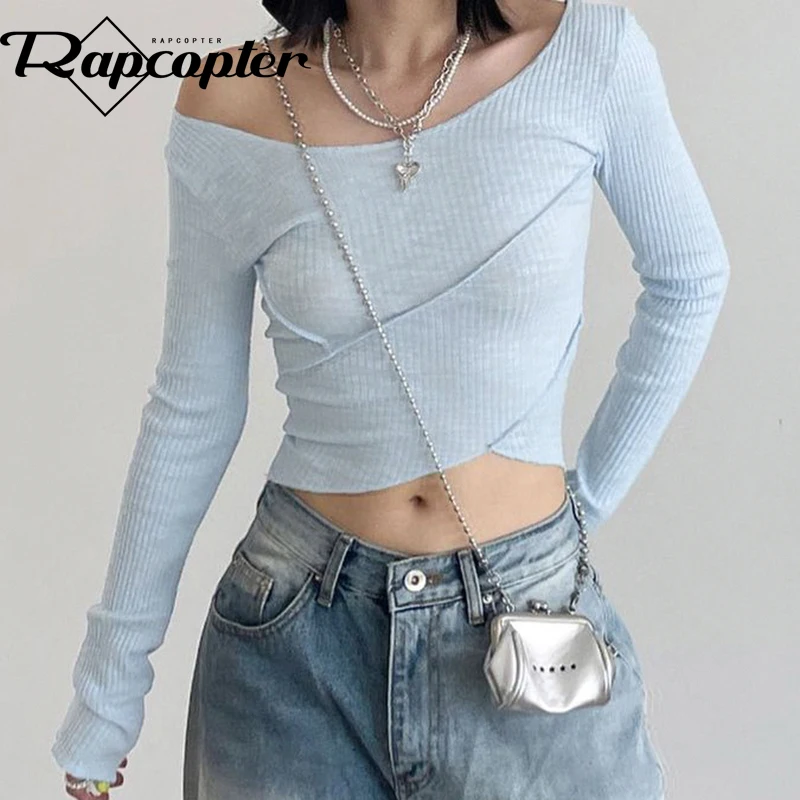 

Rapcopter Solid Full Sleeve Crop Top Women Asymmetrical Basic Casual Harajuku Tee Autumn Winter Women Korean Chic Pullovers New