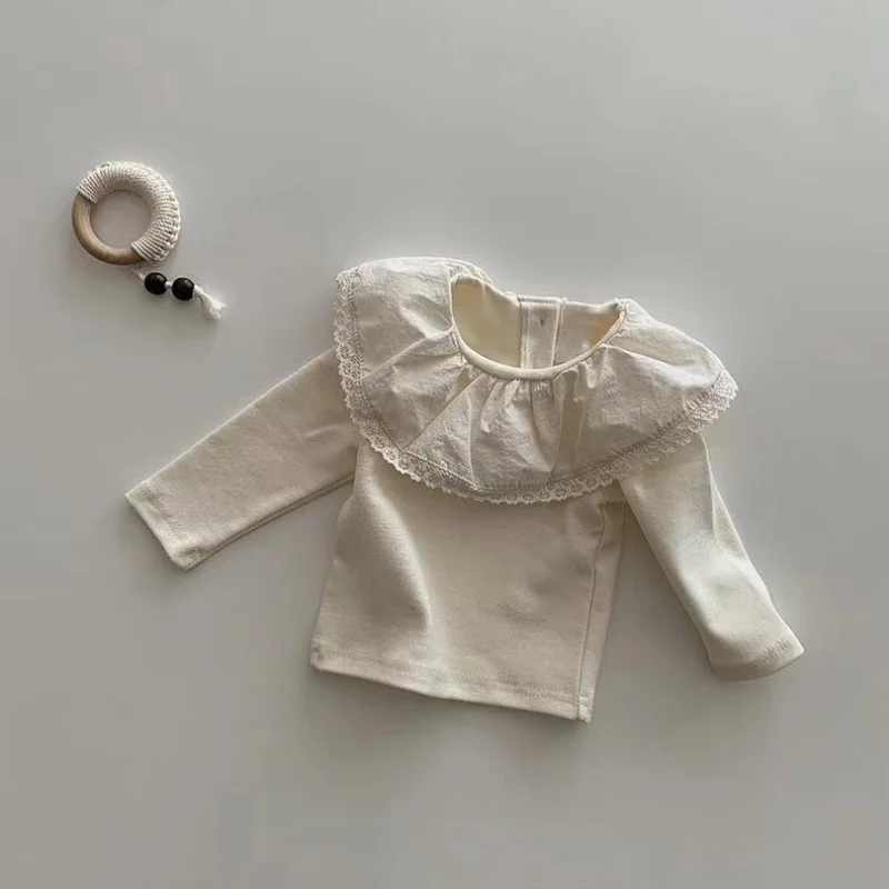 

5066B Baby Clothes Girl's T Shirt 2023 Spring and Autumn Lace Lotus Leaf Collar Girl's Bottoming Shirt Long Sleeve T Shirt Tops