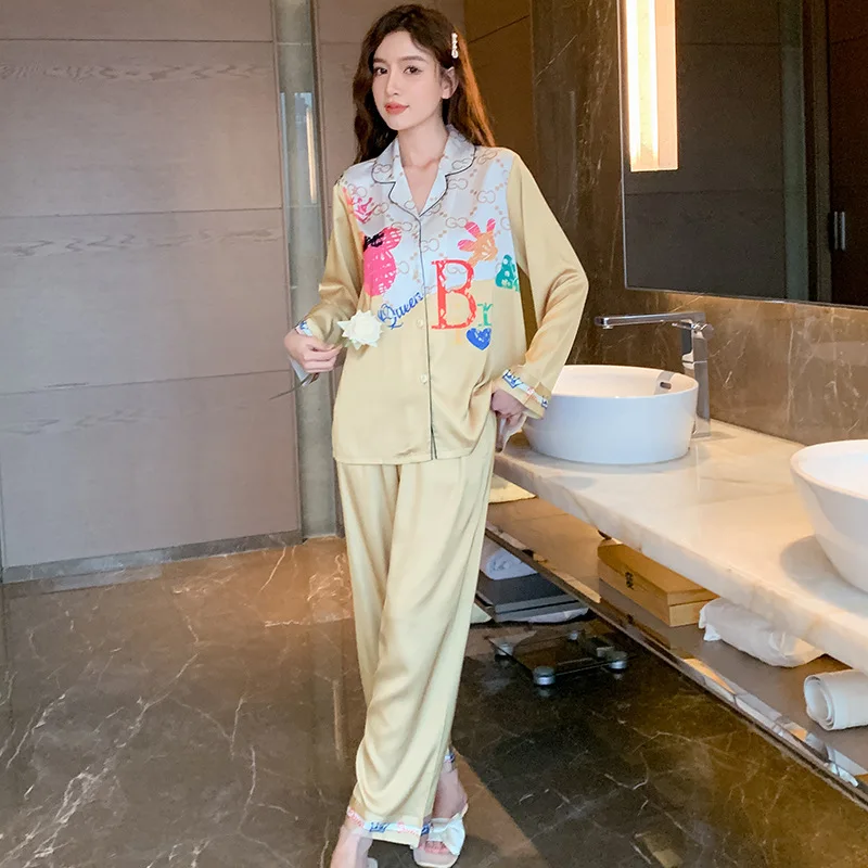 Ice silk pajamas women's autumn long-sleeved trousers thin two-piece suit  bộ đồ ngủ mùa hè nữ  pajamas for women