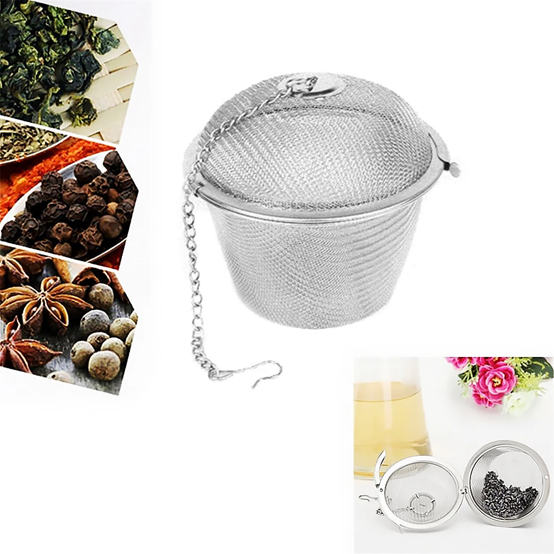 

Food Grade Stainless Steel Mesh Tea Strainer with Lid and Extended Chain