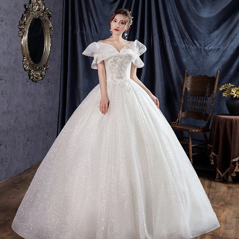 Light Primary Wedding Dress 2023 New Bridal Champagne Super Fairy Fantasy Mori Temperament off-Shoulder Simple G31