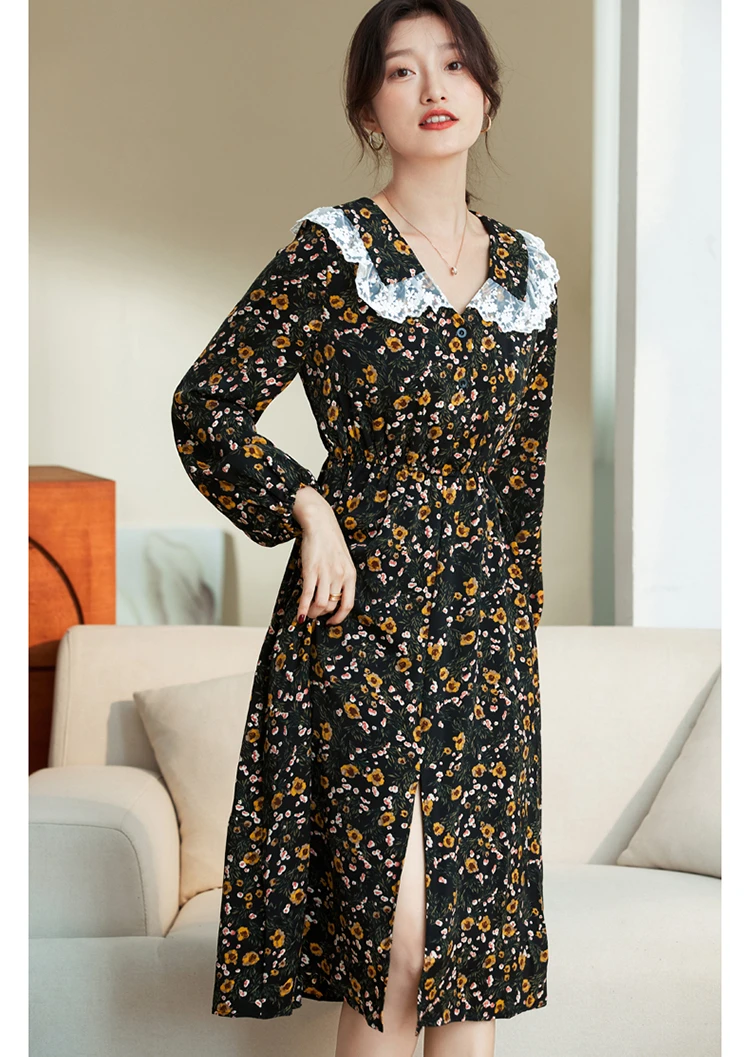 

Floral Printing Women's Dresses Summer Lace Long Sleeves 2022 New A-LINE High Waist Casual Dress Female Korean Style Clothing