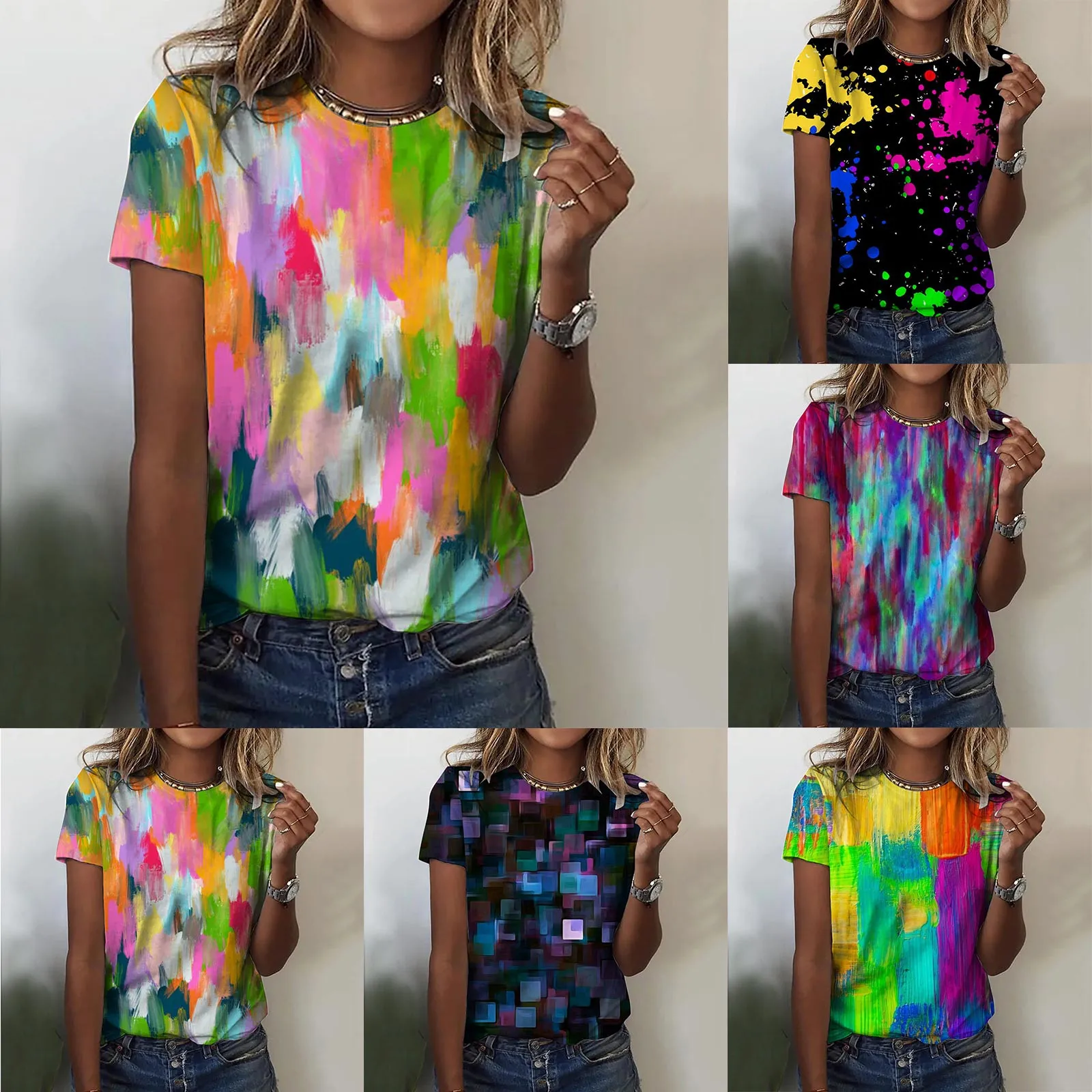 

Womens Daily Tie Dyed Vintage Print O Neck Tops Short Sleeve Round Neck Tee Shirt 3D Printed Mature Women Long Sleeve Tops