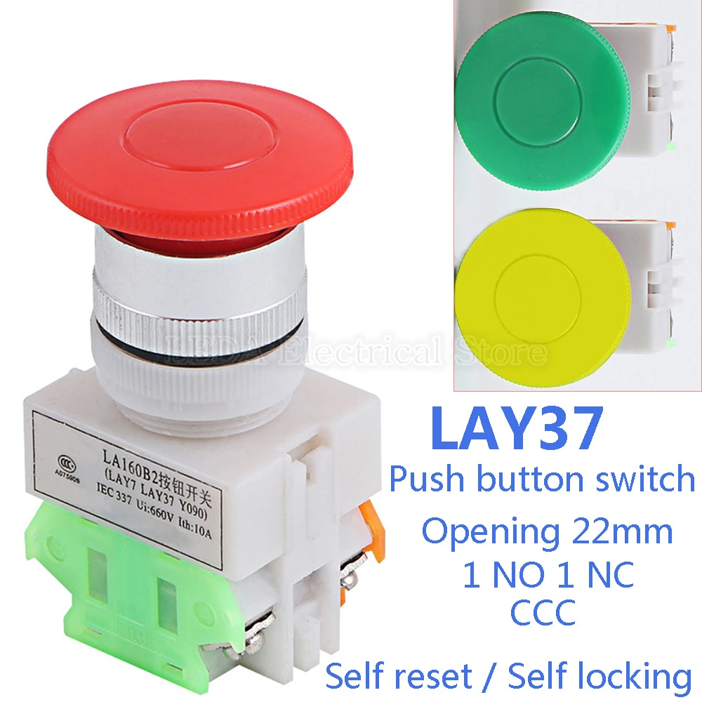 

1Pcs LAY37 -11M (Y090 -11M) 22mm Mushroom Head Automatic Self Locking / Self Reset Button 1 NO 1 NC The Start Push Button Switch