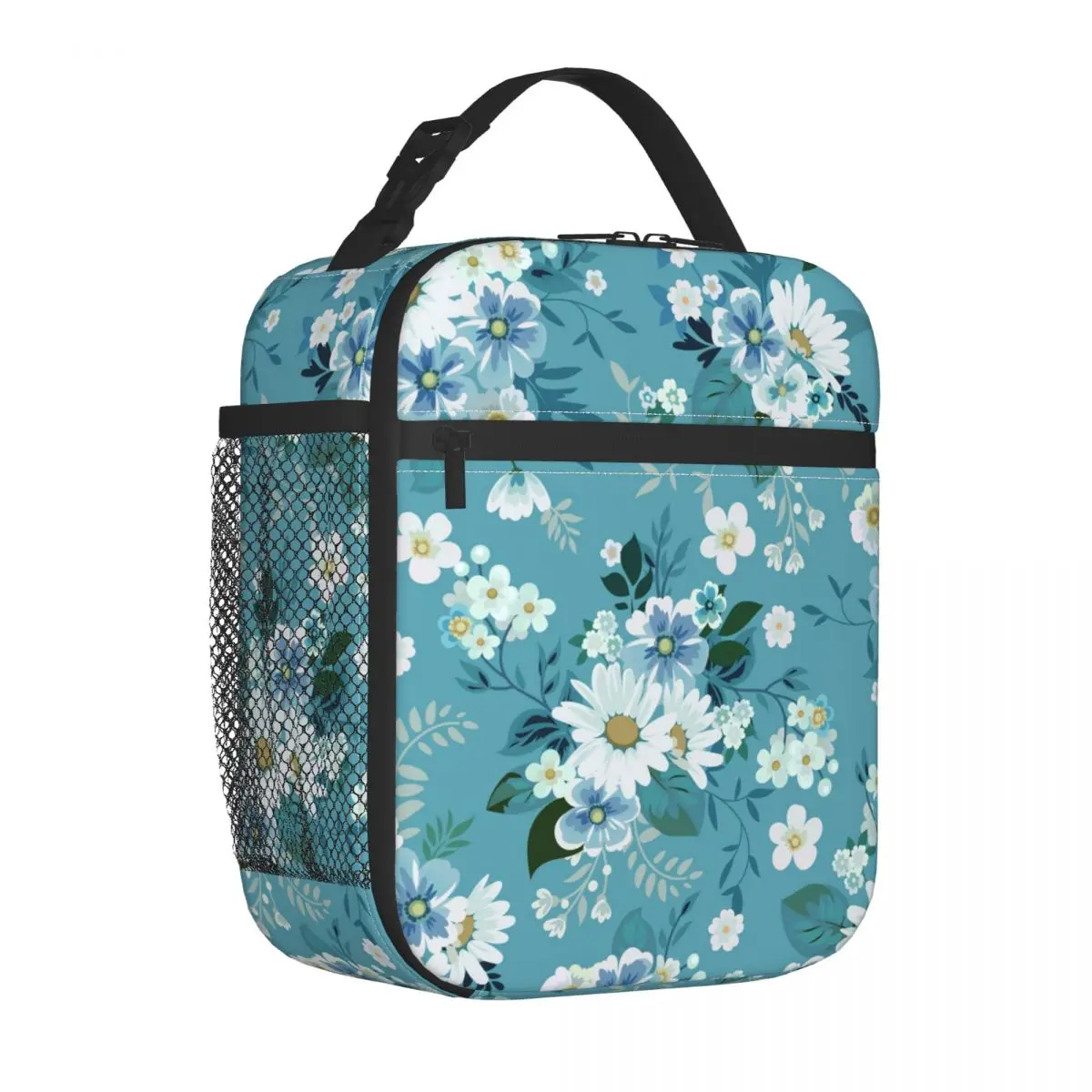 

Fashion Daisies Lunch Bag with Handle Floral Daisy Pirnt Food Mesh Pocket Cooler Bag Hot Cool Cooling Car Thermal Bag