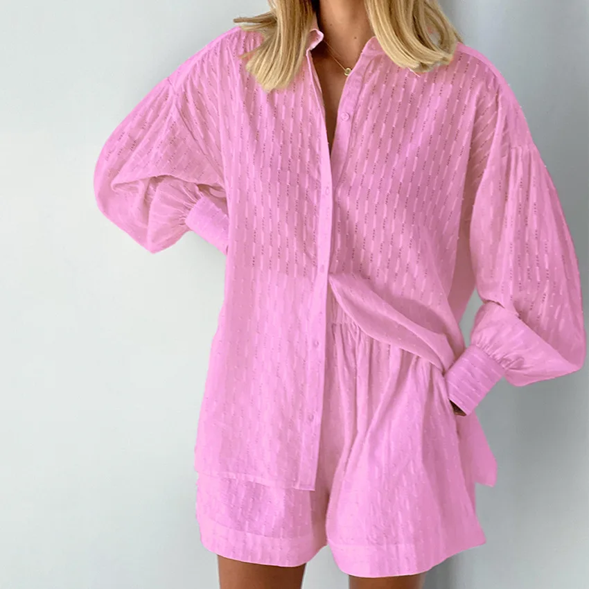 2023 Spring Summer Short Set Pajamas Women's Homewear Female Elegant Outfits Jacquard Fabric Lantern Sleeve Sleepwear