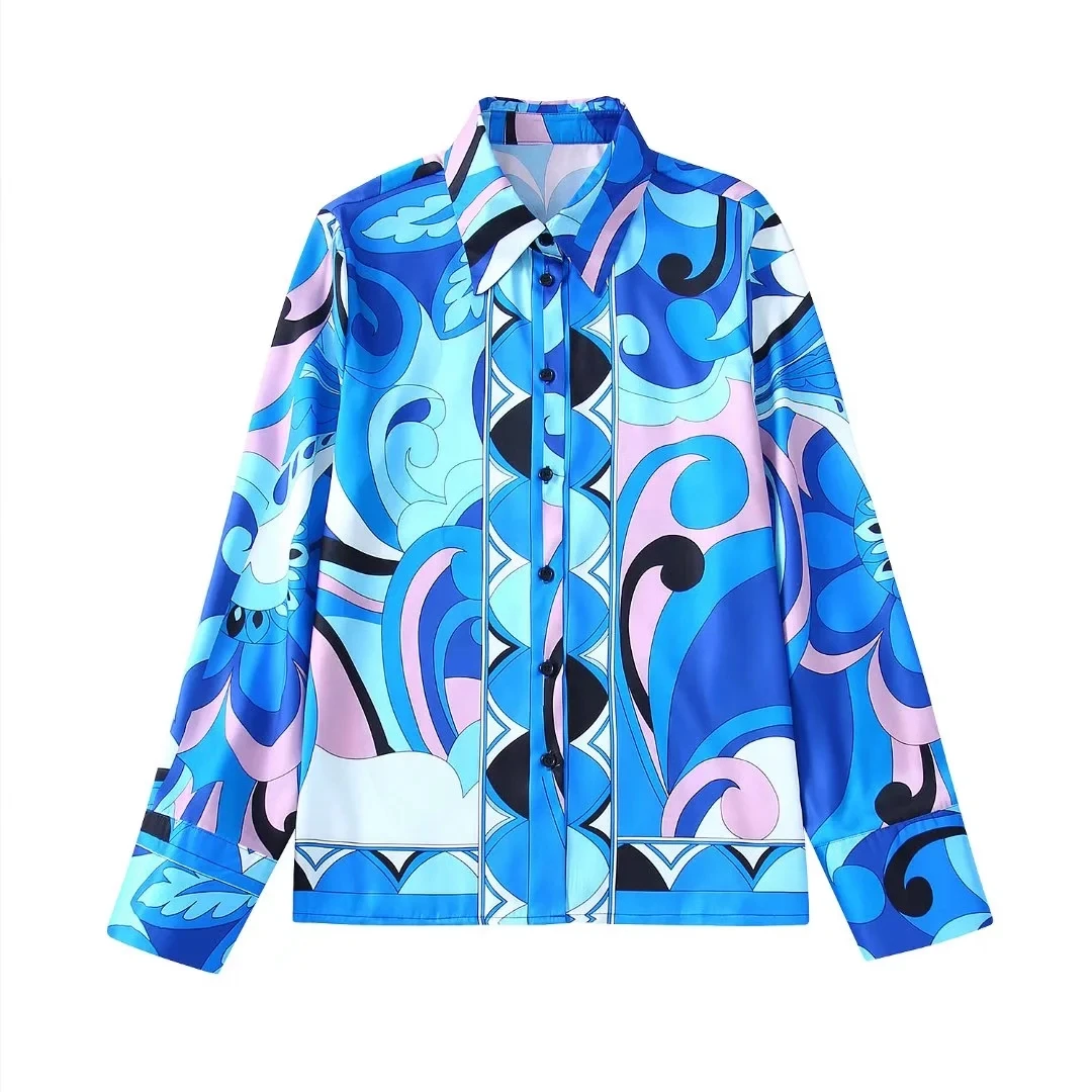 Summer Women's Print Pajamas Set 2 Pieces With Pant Ladies Sleepwear Single Breasted Loose Long Sleeve Pyjama Suit For Female