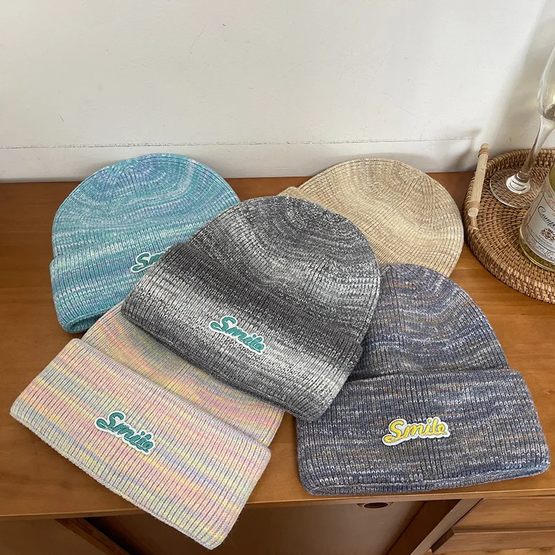 

Rainbow Gradient Woolen Hat Women's Winter Hong Kong Style Warm Contrast Color Letter Ear Protection Knitted Hat Wild Cold Hat