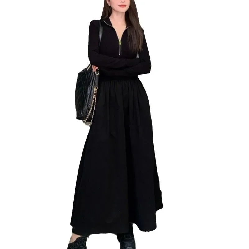 Осеннее элегантное черное платье в светском стиле для похудения с длинными