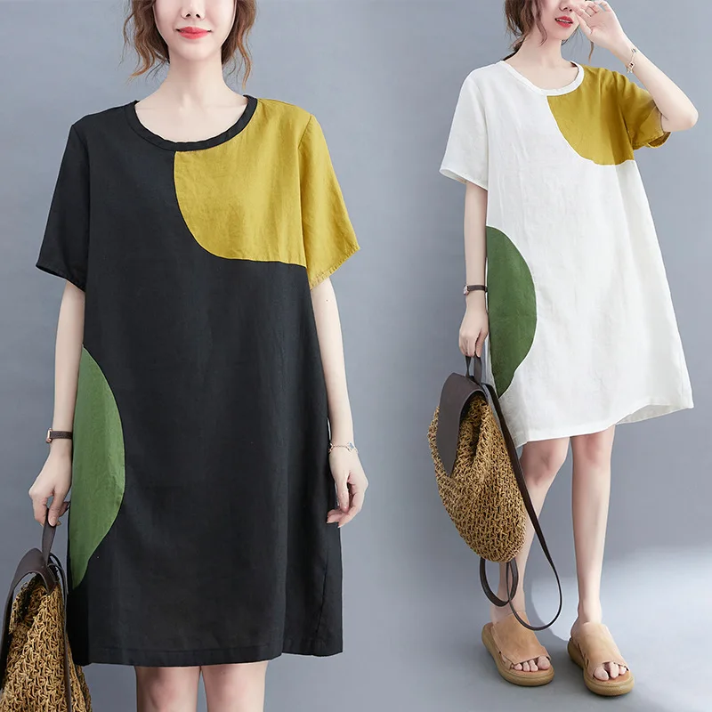 

Short Sleeve Fashion O-Neck Solid Black Summer Dresses For Women 2022 Casual Loose Midi Office Lady Dress Elegant Femme Clothes