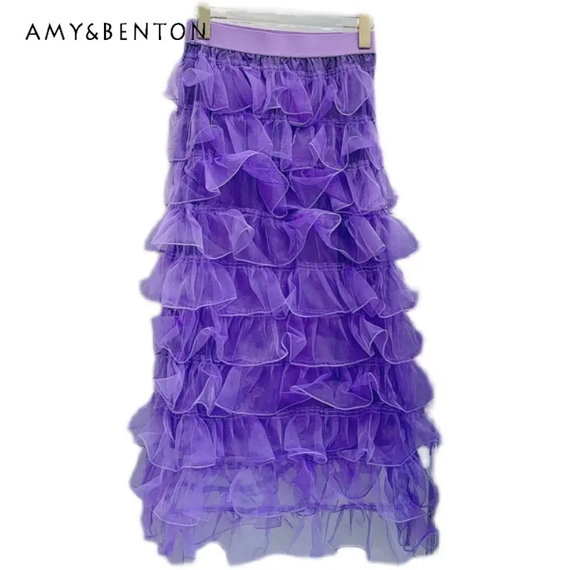 European Style Designer Model A Line Skirt 2023 Spring New Elastic High Waist Mesh Versatile Slimming Above Knee Kawaii Skirt
