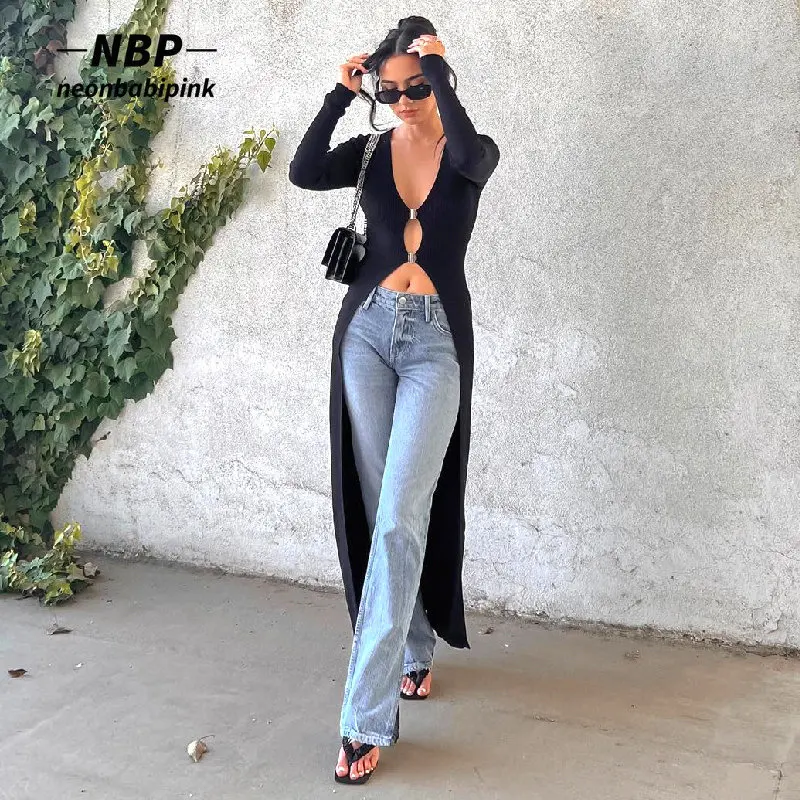 

NEONBABIPINK Metal Buckle Deep V Long Tshirts for Women Sexy Cardigan Black Long Sleeve Tees Womens Shirts and Tops N33-BG29
