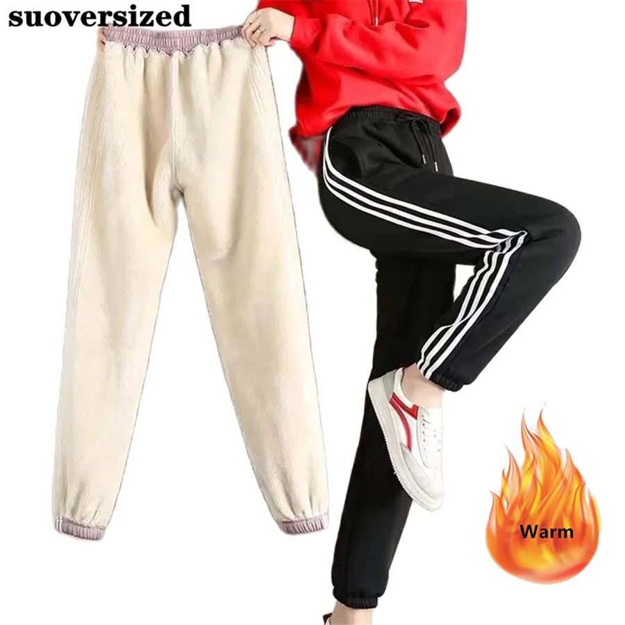 

Зимние полосатые штаны из искусственной овечьей шерсти с высокой талией, женские длинные теплые шаровары, брюки с плюшевой подкладкой и шну...