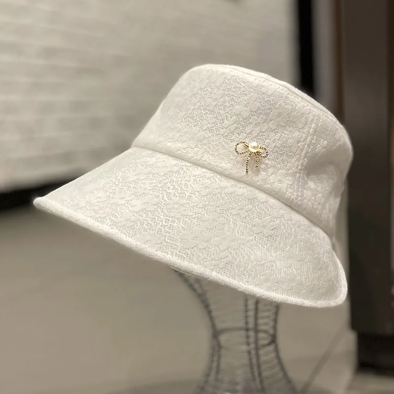 

Korean Style Lace Thin Pearl Rhinestone Bow Fisherman Hat Women's Spring and Summer All-Match Fashion Sun-Proof Basin Hat
