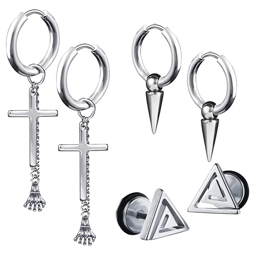 

6PCs Stainless Steel Huggie Stud Earrings Set Mens Womens Retro Vintage Cross Skeleton Pyramid Spear Head Dangling Jewel