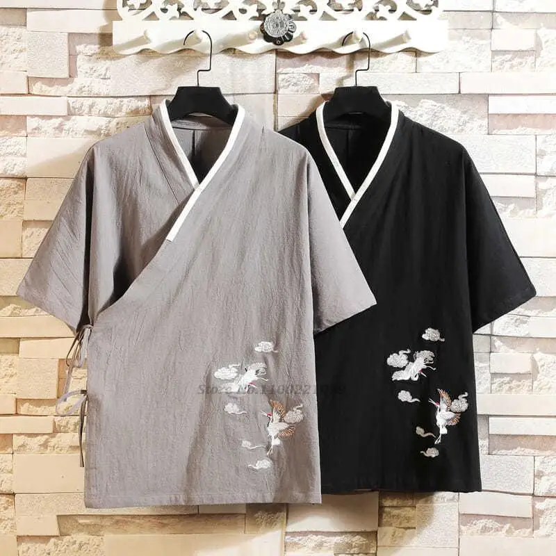

2022 men vintage tops tang suit traditional chinese hanfu cotton linen shirts kung fu uniform crane embroidery china tee tops