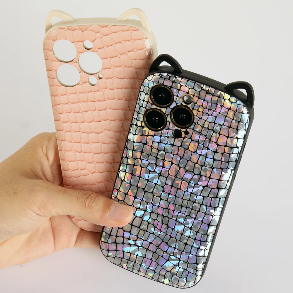 

Cute Cat Ear Laser Grid Phone Case For Iphone 11 12 13 14 Pro Max Thickening Anti-fall Protective Cover