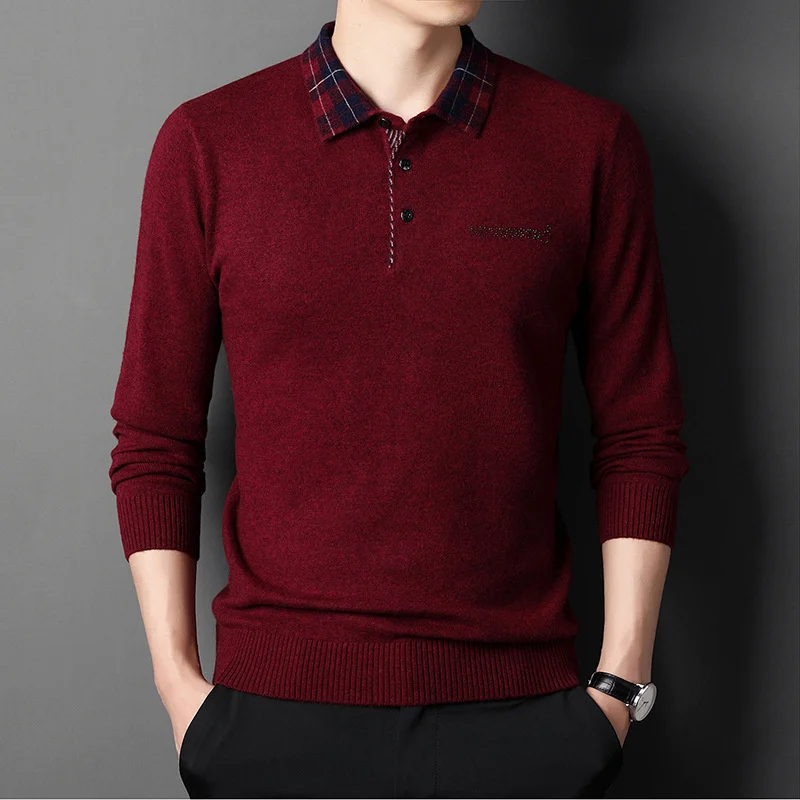 

sleeve Brand T-shirt long autumn thin 100 pure wool comfortable business polo shirt Men's knitwear versatile trend