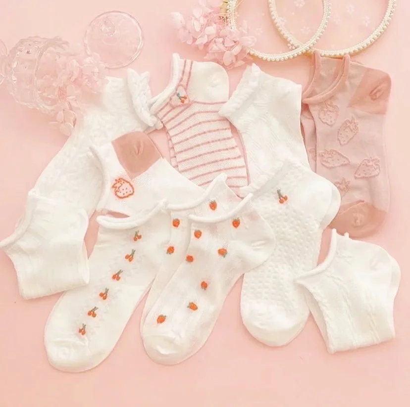 5Pairs/Lot Cute Summer Lace Women Socks Short Boat Femme Cotton Sock Female Mesh Breathable Harajuku Kawaii Socks