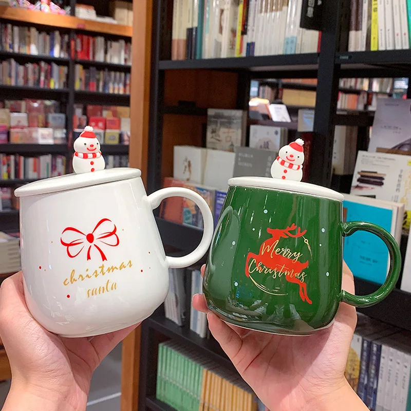 New 450ml Christmas Mug with Tree Elk 3D Sticker Spoon Cartoon Large Ceramic Water Breakfast Coffee Cup with Lid and Spoon Gift