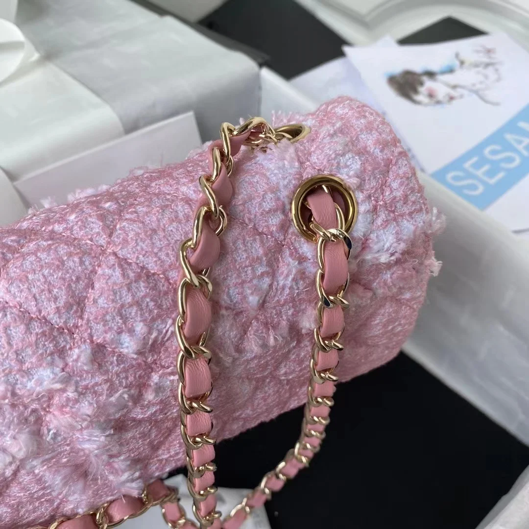 

22C Pink Woolen New Mini 25Cm Woven Fashion Metal Chain Shoulder Bag