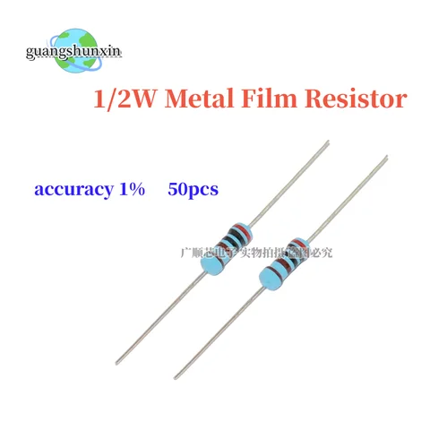 Металлический пленочный резистор 1/2 Вт, 50 шт., 1 1,2 1,5 10 12 15 100 120 150 R K Ом 1K2 1K5 1% 0,5 Вт, пятицветное кольцо с сопротивлением 1K 10K 100K 10R