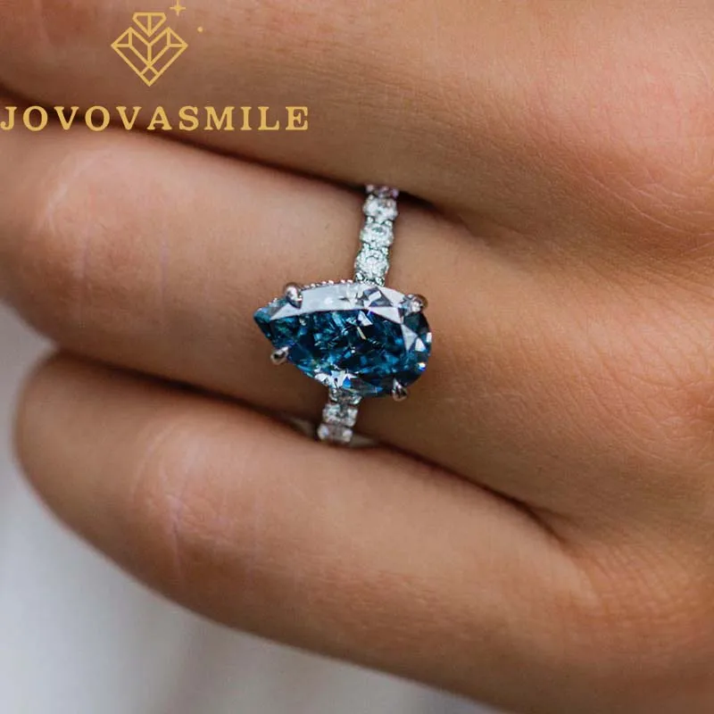JOVOVASMILE Moissanite Ring 14k gold 4.05 Carat 13x7.8mm Crushed Ice Pear Cut Cornflower Blue Real au 750 585 Jewelry for Women