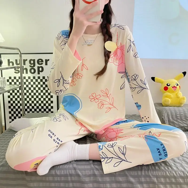 New Spring and Autumn New Pajamas Ladies Long-sleeved Trousers Cardigan Print Sweet and Fresh Home Service Women's Pajamas Set