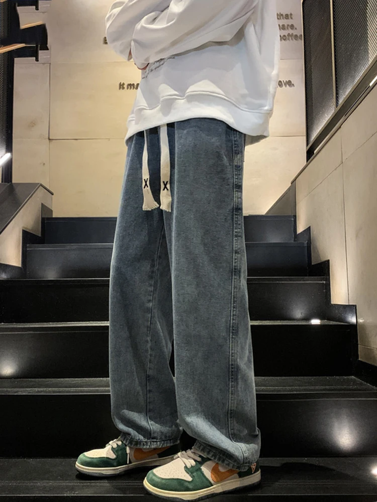 Fashion Men's Elastic Waist Wide Leg Jeans Classic Unisex Men's Tide Brand Fu Loong Dirty Mopping Trousers Hip Hop Men Clothing