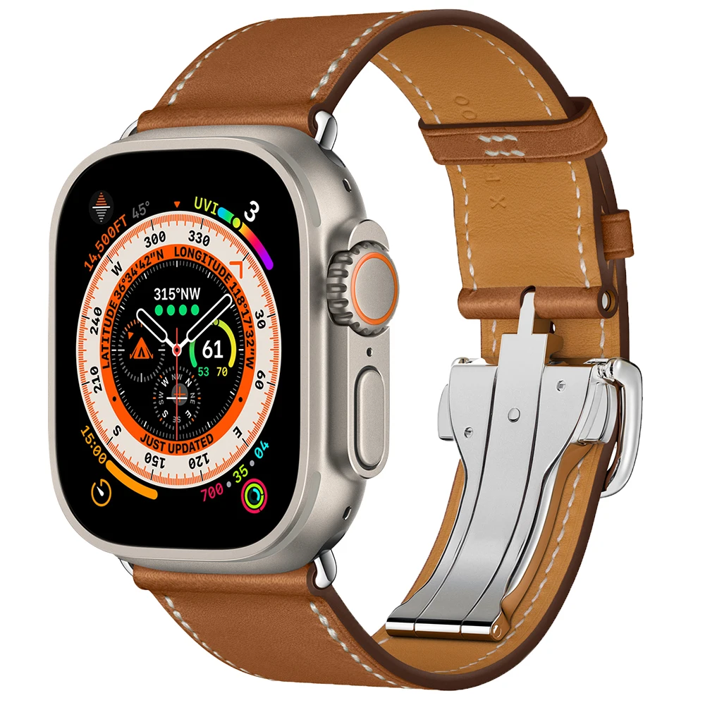 High-quality Genuine Leather Band Deployment Buckle Strap for Iwatch Ultra Apple Watch 8 7 6 Se 5 4 3 2 1 45mm 49MM