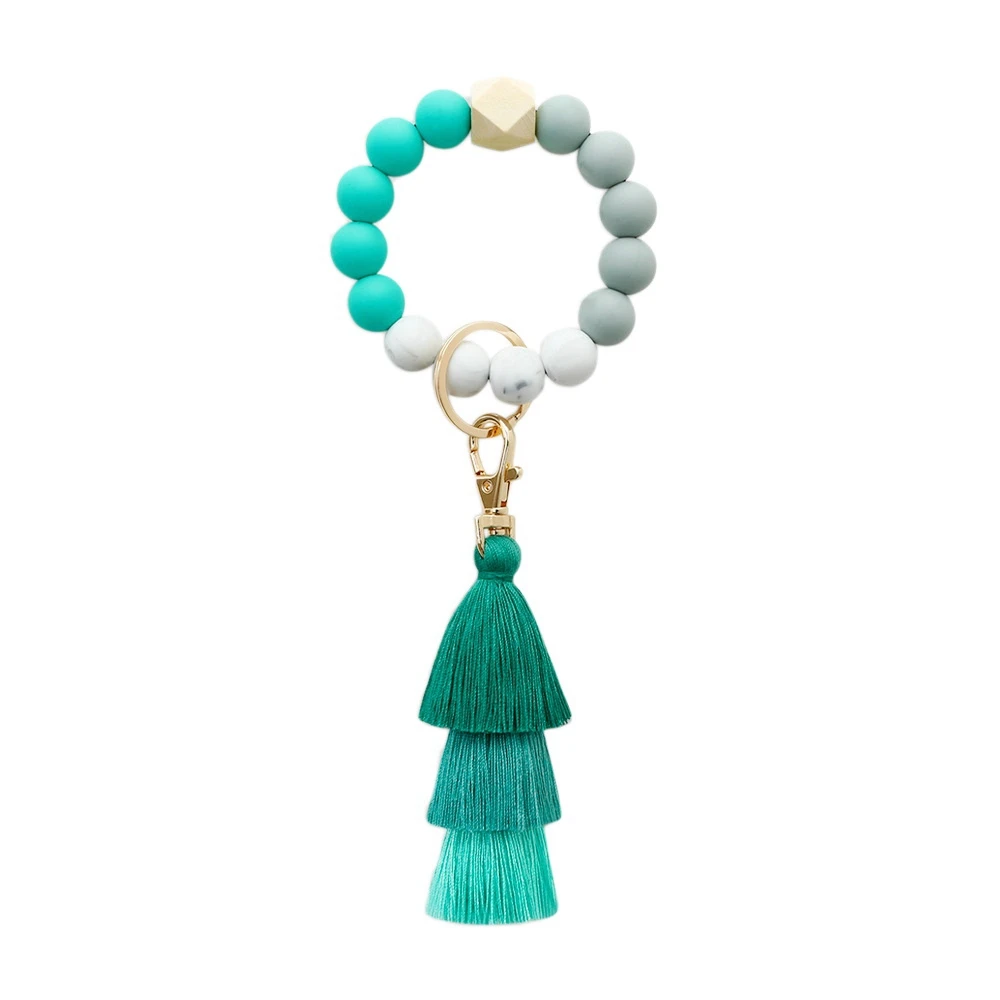 

Silicone Wristlet Keychain Bracelet Car Beaded Key Ring Silicone Tassel Keychain Beaded Bangle for Women - C